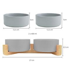 shumee Dvojna keramična skleda, lesena, Gerda, siva, 2x400 ml