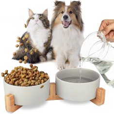 shumee Dvojna keramična skleda, lesena, Gerda, siva, 2x400 ml