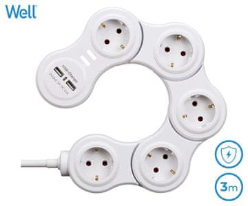 Well EXTSR-5S3M-USB električni podaljšek, nastavljiv, bel
