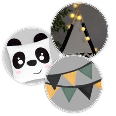 shumee Nukido šotor tipa teepee za otroke z girlando in lučkami v črno-beli barvi s pando