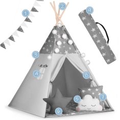 shumee Nukido tipi šotor za otroke z girlando in lučkami - siv z zvezdicami