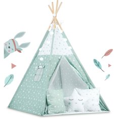 shumee Otroški šotor tipa teepee z lučkami - mint z zvezdicami