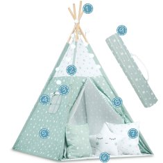 shumee Otroški šotor tipa teepee z lučkami - mint z zvezdicami