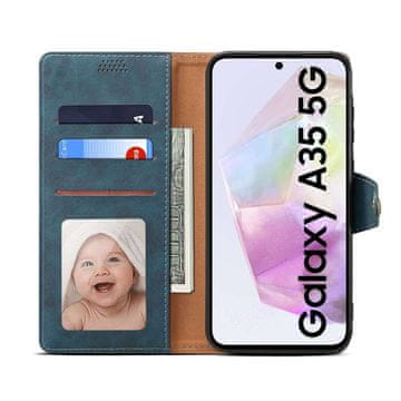 LENUO Usnjen ovitek za Samsung Galaxy A35, preklopni, modra