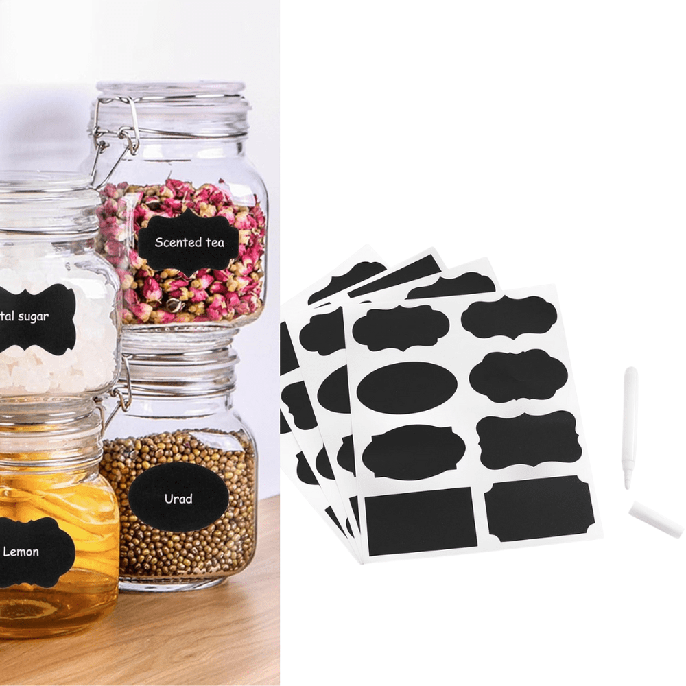 Netscroll Večnamenske nalepke za označevanje, 24 črnih PVC nalepk z belim markerjem, pralne in večkrat uporabne, Stickers