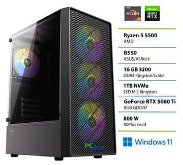 PCplus Gamer namizni računalnik, R5 5500, 16GB, SSD1TB, RTX5060Ti, W11H (148064)