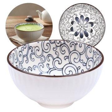 Basilur Japonska skodelica, keramična skodelica Chawan za pripravo čaja matcha - modri okraski in cvet 280 ml