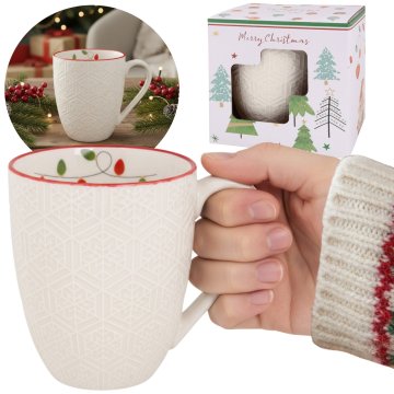 sarcia.eu Bela, BOŽIČNA SKODELICA porcelanska z reliefnim vzorcem, božična tema – lučke – ZAPAKIRANA V DARILNI ŠKATLI 400 ml
