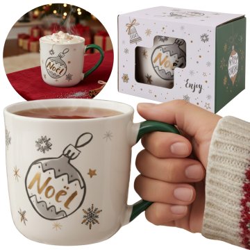 sarcia.eu Bela, BOŽIČNA porcelanska skodelica z ročajem in motivom okraskov – ZAPAKIRANA V DARILNI ŠKATLI 320 ml