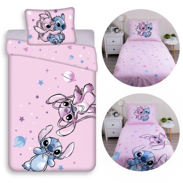 Disney DISNEY Stitch Roza DVOJNA, otroška posteljnina z zadrgo, 100% BOMBAŽ 140x200+50x70 cm OEKO-TEX
