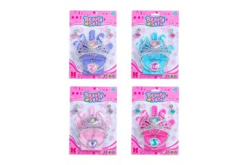 Lepotni set plastična krona, ogrlica, uhani, rokavice 3 barve na kartici 17,5x27,5cm