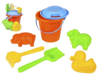 LENA Komplet za pesek plastično vedro 18x16cm, sito, lopata, grablje in kalup 12m+