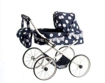 Teddies Voziček za punčke mali Ewa RETRO višina ročaja 55 cm nastavljiv črn s pikami s čipko