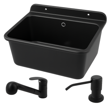 slomart garažno utility korito LARGE iz polipropilena + armatura, pipa ATUT črna/pikčasta (izvlečna) + dozator mila, črno/pikčasto