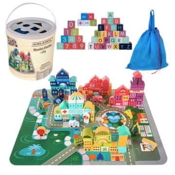 Kruzzel Lesene kocke mesto – 100 kosov s podlogo, vozili in figurami