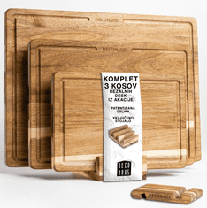 Deco Haus Set 3 lesenih desek za rezanje iz trdne akcije [debeline 2 cm] – deske za rezanje z žlebom za sok – lesene deske za kuhinjo 40 x 30, 33 x 24, 26 x 18 – lesena deska za rezanje