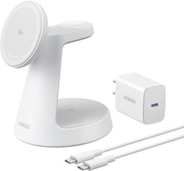 Anker MagGo 3v1 brezžična polnilna postaja, kabel, adapter, 15 W, bela (B25M4G21)