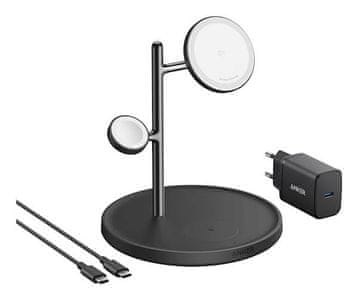 MagGo 3v1 brezžična polnilna postaja, adapter, kabel, 15 W, črna (B25M3311)