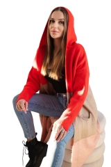 shumee Pulover s kapuco in črtami v rdeči + kamelji + pudrasto roza barvi