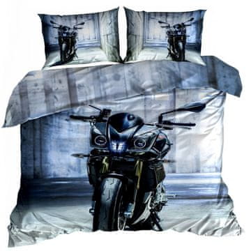 shumee 3D bombažna satenasta posteljnina 140x200cm MOTORCIKEL V MODRI BARVI
