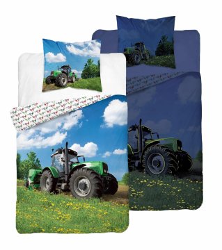 shumee Fluorescentna bombažna posteljnina 140x200cm ZELENI TRAKTOR