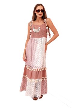 shumee Camel ženska maxi boho obleka z naramnicami in vezenino ter resicami