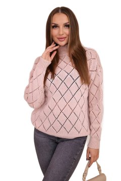 shumee Pudrasto roza rombasti pulover z ovratnikom
