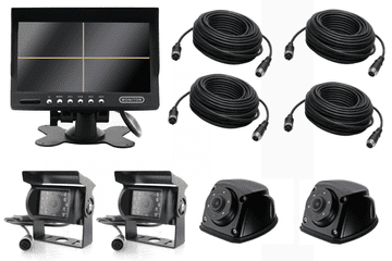 shumee 7-palčni QUAD monitor + 2 kameri za vzvratno vožnjo + 2 stranski kameri + 2x3m + 10m + 15m