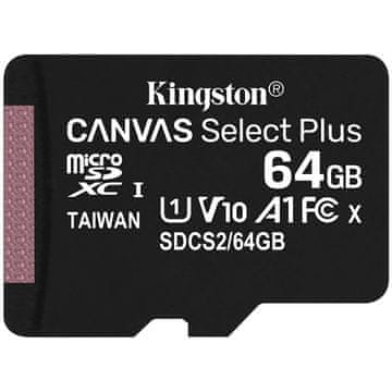 shumee KINGSTON 64GB microSDXC Canvas Select Plus 100R A1 C10 posamezni paket brez ADP-ja