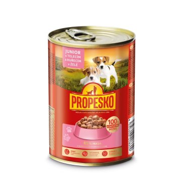 Propesko Dog Junior telečje meso, piščanec v želeju, kosi 415 g