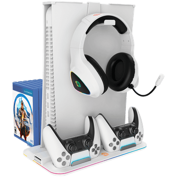 shumee CANYON CS-5 RGB večnamensko stojalo za PS5, 2-v-1 polnjenje in hlajenje, belo