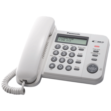 shumee Stacionarni telefon Panasonic KX-TS560FXW z zaslonom, identifikacijo klicatelja, bele barve, prostornino imenika do 50 vnosov in dimenzijami 198 x 195 x 95 mm. Teža: 588 g. Garancija.