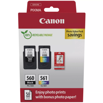 shumee Canon | Paket za fotografski tiskalnik PG-560/CL-561 | Črna | Barvna (cijan, magenta, rumena) | Komplet kartuš s črnilom/papirja