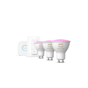 shumee Philips Hue WCA začetni komplet 4,3 W GU10 3 kosi, mostiček, stikalo Philips Hue | Hue WCA začetni komplet 4,3 W GU10 3 kosi, mostiček, stikalo | GU10 | 4,3 W | RGBW 2000–6500K | Bluetooth in Zigbee