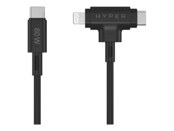 shumee Hyper HyperJuice Silikonski USB-C na USB-C in Lightning hibridni kabel 60W, črne barve | Hyper