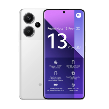 shumee Xiaomi Redmi Note 13 Pro+, bela, 6,67", AMOLED Full HD, Mediatek Dimensity 7200 Ultra, 12 GB RAM-a, 512 GB, Dual SIM, 4G, 5G, 200 MPx. Telefon z izjemnimi zmogljivostmi za zahtevne uporabnike.