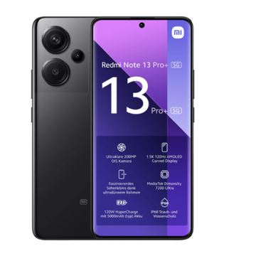 shumee Xiaomi Redmi Note 13 Pro+ | Črna | 6,67" AMOLED | 1220 x 2712 slikovnih pik | Mediatek Dimensity 7200 Ultra | 12 GB RAM-a | 512 GB | Dvojna SIM kartica | 5G | Zaslon 200+8+2 M