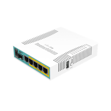 Mikrotik Žični ethernetni usmerjevalnik RB960PGS, hEX PoE, CPU 800MHz, 128MB RAM, 16MB, 1xSFP, 5xGigabit LAN, 1xUSB, izhodna moč na vratih 2-5, izhod: 1A max na vrata; 2A max skupaj, RouterOS L4 | hEX