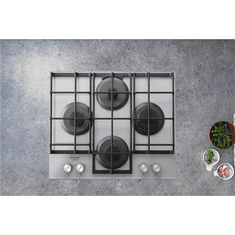 shumee Hotpoint | HAGS 61F/WH | Štedilnik | Plinska plošča na steklu | Število gorilnikov/kuhalnih con 4 | Vrtljivi gumbi | Bela
