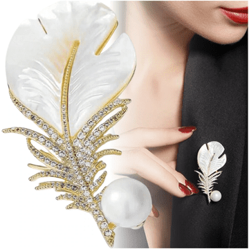 Camerazar Zlatna broška z zirconi, biserna peresa, zaponka s peresom