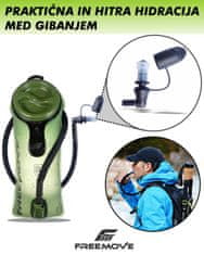 FREEMOVE 2L hidracijski meh za vodo - zelen, termo izolirana cev s priključkom quick-connect, velika polnilna odprtina, ergonomski ročaj, brez vonja BPA, premium TPU material, mehek ustnik, 2 čistilni tableti