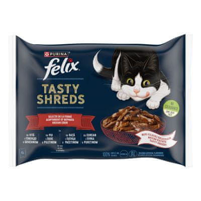 Felix Tasty Shreds mokra hrana za mačke, govedina, piščanec, raca in puran, v omaki