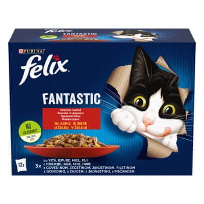 Felix Fantastic mokra hrana za mačke, govedina, piščanec, zajec in jagnjetina, v želeju
