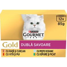 Gourmet Gold Duo hrana za muce, z raco in puranom, govedino in piščancem, z morsko ribo in špinačo, z zajcem in jetri