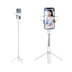 OEM Selfie palica z brezžičnim daljinskim upravljalnikom, stativ z LED, SSTR-20, bela