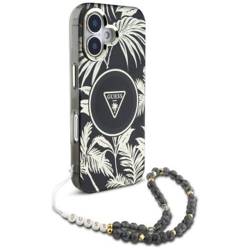 Guess GUESS ovitek za iPhone 16, združljiv z MagSafe GUHMP16SHPCTPLSK (IML Palm Trees Triangle W/ Pearl Strap) črn