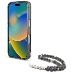 Guess GUESS ovitek za iPhone 16, združljiv z MagSafe GUHMP16SHPCTPLSK (IML Palm Trees Triangle W/ Pearl Strap) črn