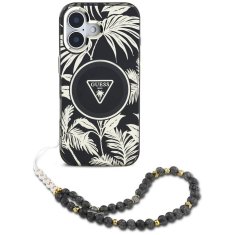 Guess GUESS ovitek za iPhone 16, združljiv z MagSafe GUHMP16SHPCTPLSK (IML Palm Trees Triangle W/ Pearl Strap) črn