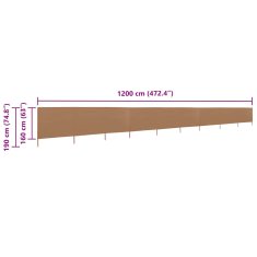 Vidaxl 9-panelni vetrobran tkanina 1200x160 cm taupe