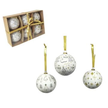 Denis Božične kroglice, 7,5 cm, 6 kosov/paket, bele z zlato barvo